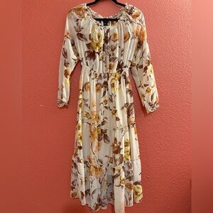 Floral Long Sleeve Dress - Cream and Brown